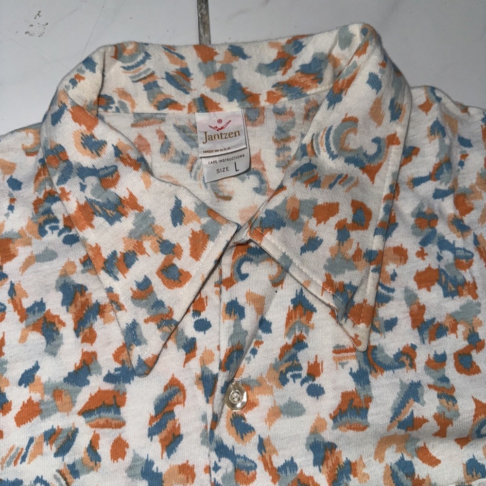 Vintage 60s 70s Jantzen Dagger Collar Disco Knit Shirt Psychedelic White L 20x29